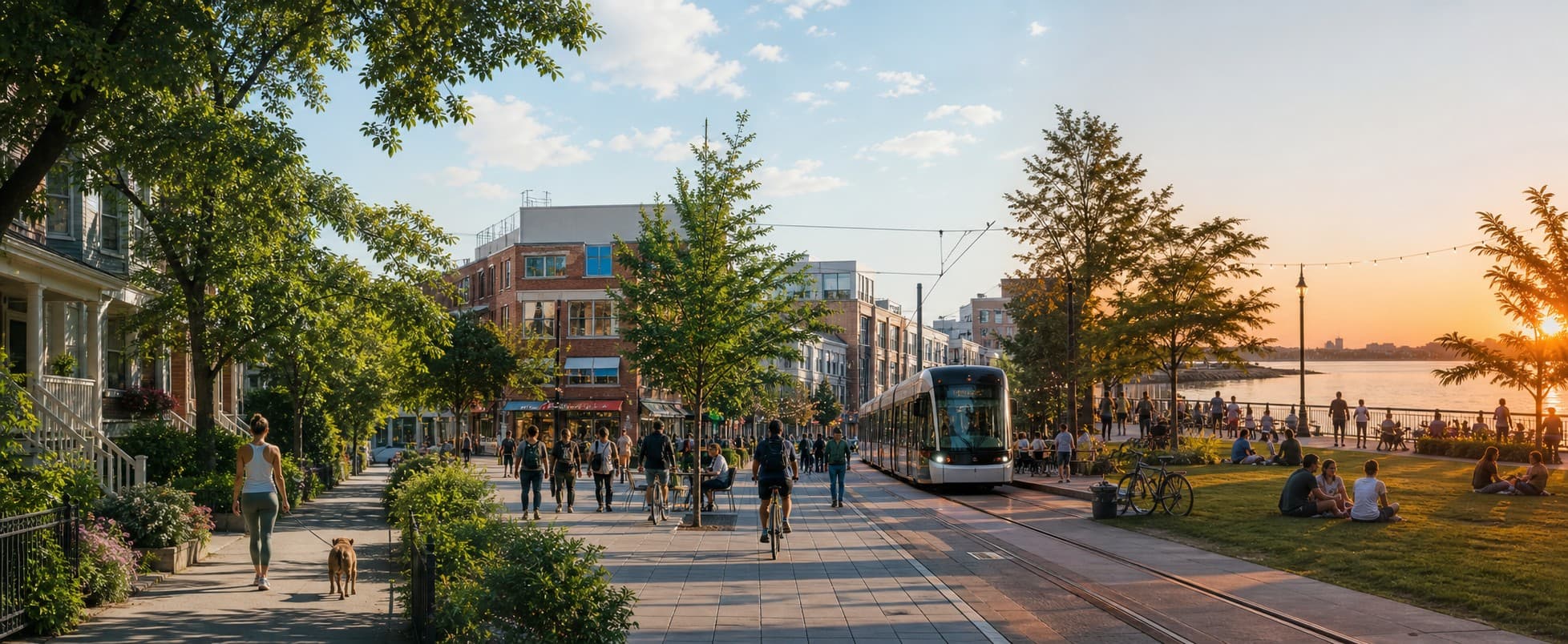 An urban promenade connecting transit, walking, and waterfront public space